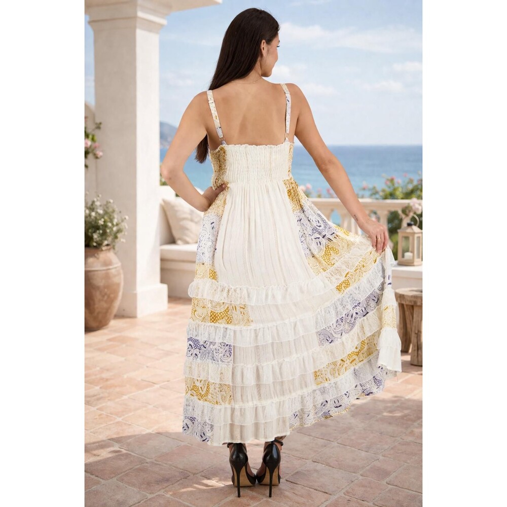Boho Maxi Dress | Blue Gold Coastal Tiered Summer Resort Wear - Picture 2 of 3